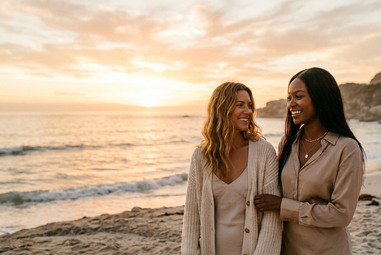 Two women at a sunlit coastline